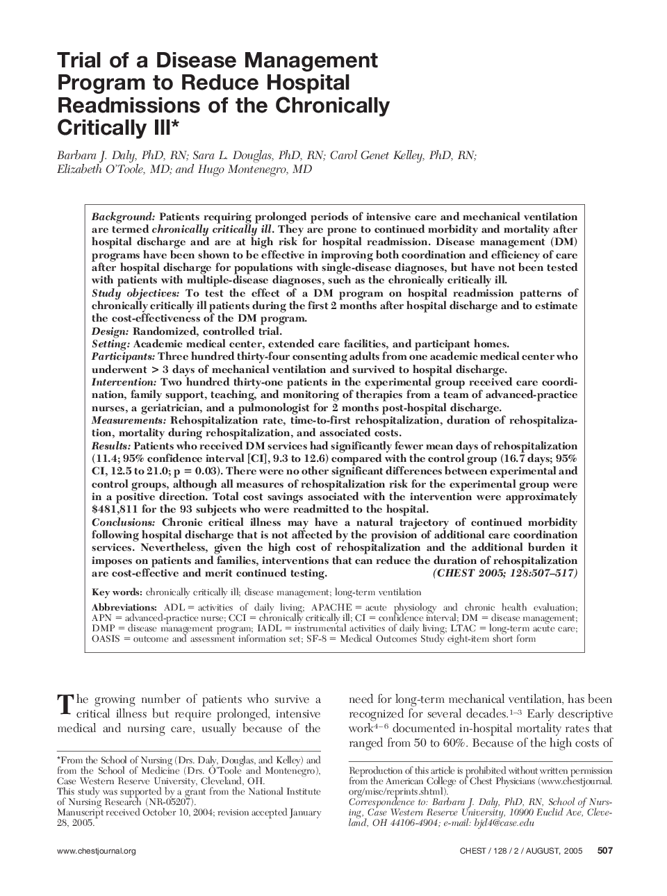 Trial of a Disease Management Program to Reduce Hospital Readmissions of the Chronically Critically Ill