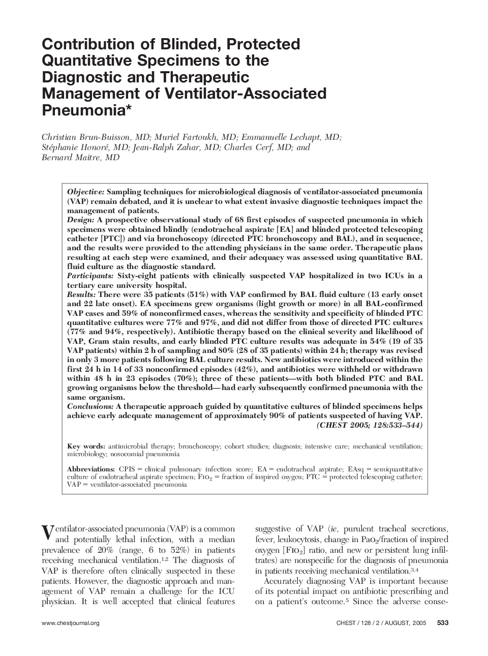 Contribution of Blinded, Protected Quantitative Specimens to the Diagnostic and Therapeutic Management of Ventilator-Associated Pneumonia