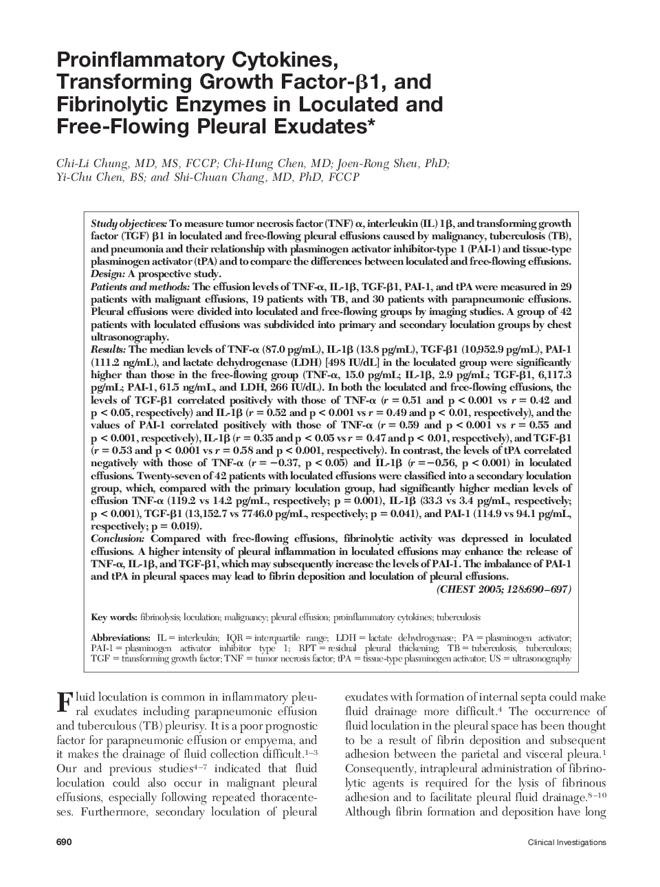 Proinflammatory Cytokines, Transforming Growth Factor-Î²1, and Fibrinolytic Enzymes in Loculated and Free-Flowing Pleural Exudates