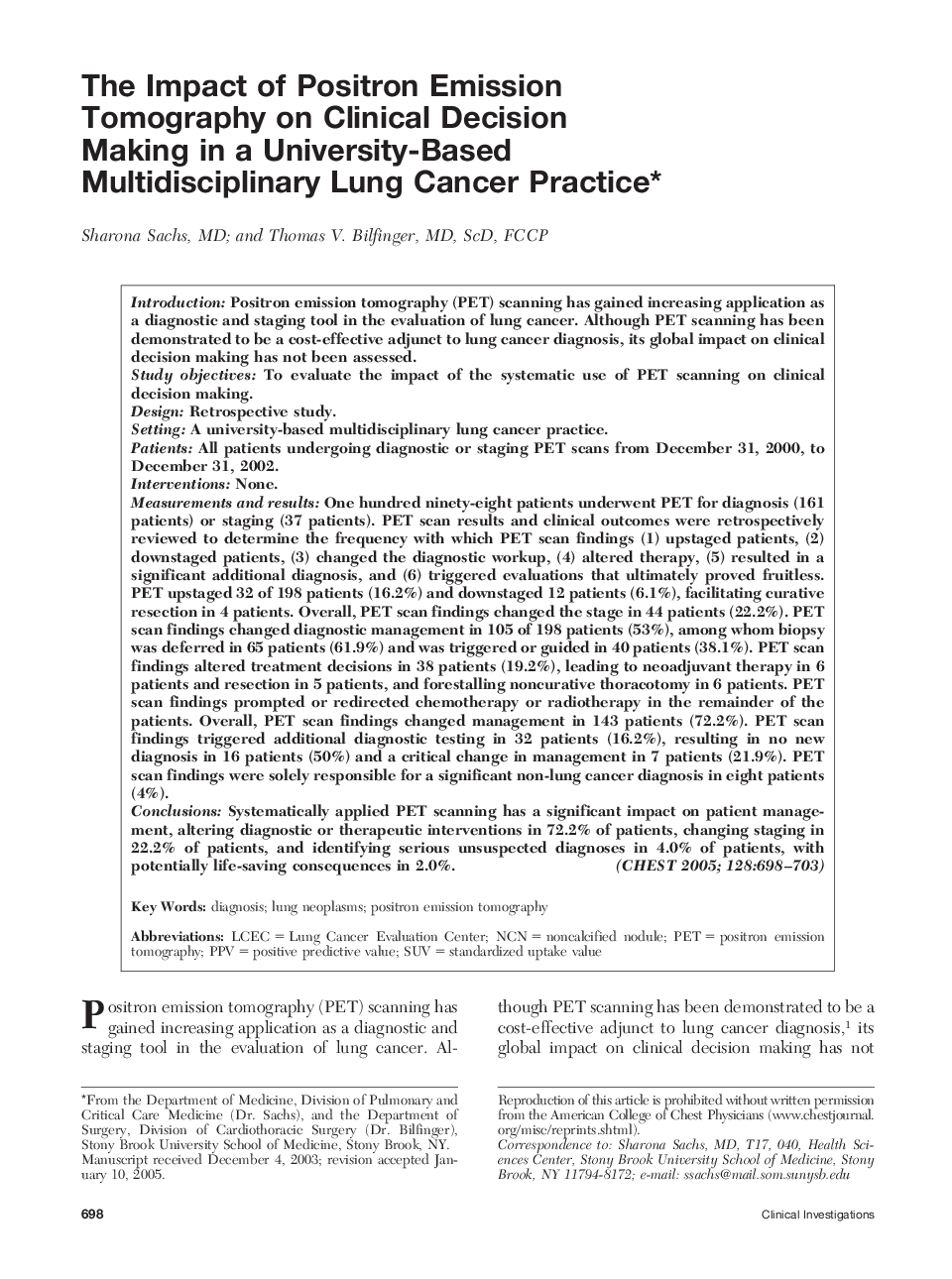 The Impact of Positron Emission Tomography on Clinical Decision Making in a University-Based Multidisciplinary Lung Cancer Practice