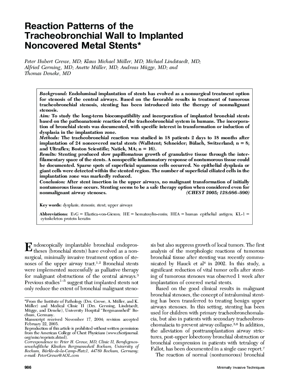 Reaction Patterns of the Tracheobronchial Wall to Implanted Noncovered Metal Stents