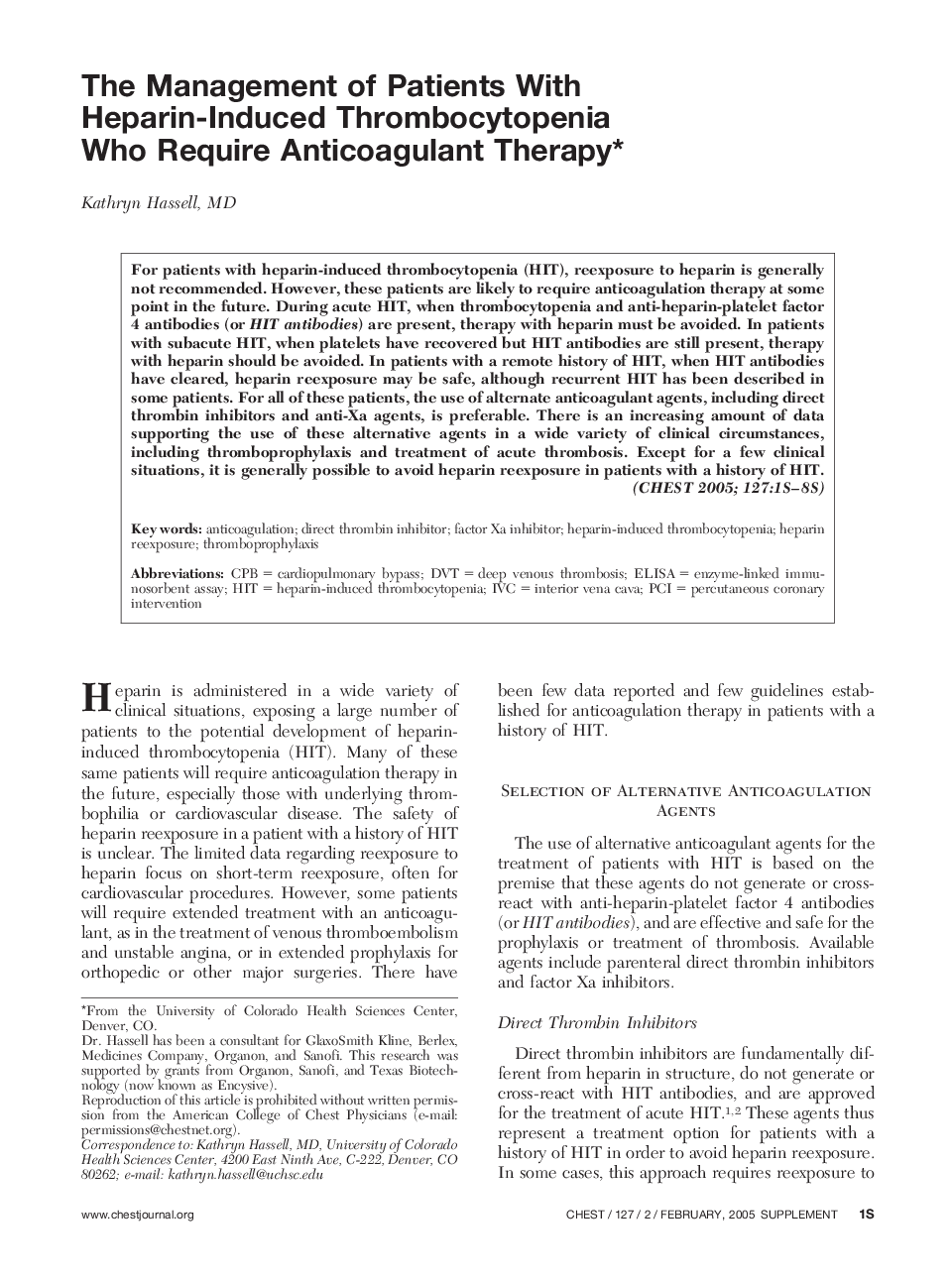 The Management of Patients With Heparin-Induced Thrombocytopenia Who Require Anticoagulant Therapy