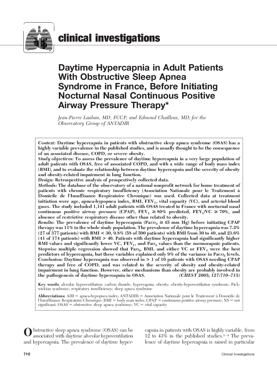 Daytime Hypercapnia in Adult Patients With Obstructive Sleep Apnea Syndrome in France, Before Initiating Nocturnal Nasal Continuous Positive Airway Pressure Therapy