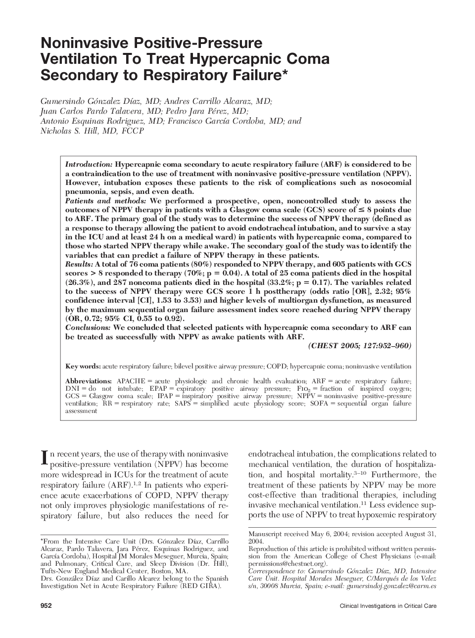 Noninvasive Positive-Pressure Ventilation To Treat Hypercapnic Coma Secondary to Respiratory Failure