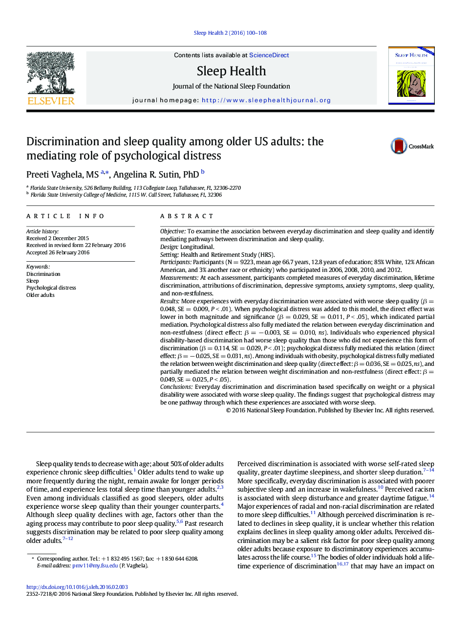 Discrimination and sleep quality among older US adults: the mediating role of psychological distress