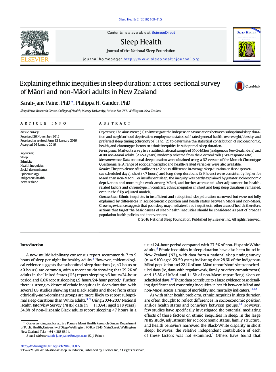 توضیح نابرابری های قومی در طول مدت خواب: یک بررسی مقطعی از بزرگسالان مائوری و غیرمائوری در نیوزیلند