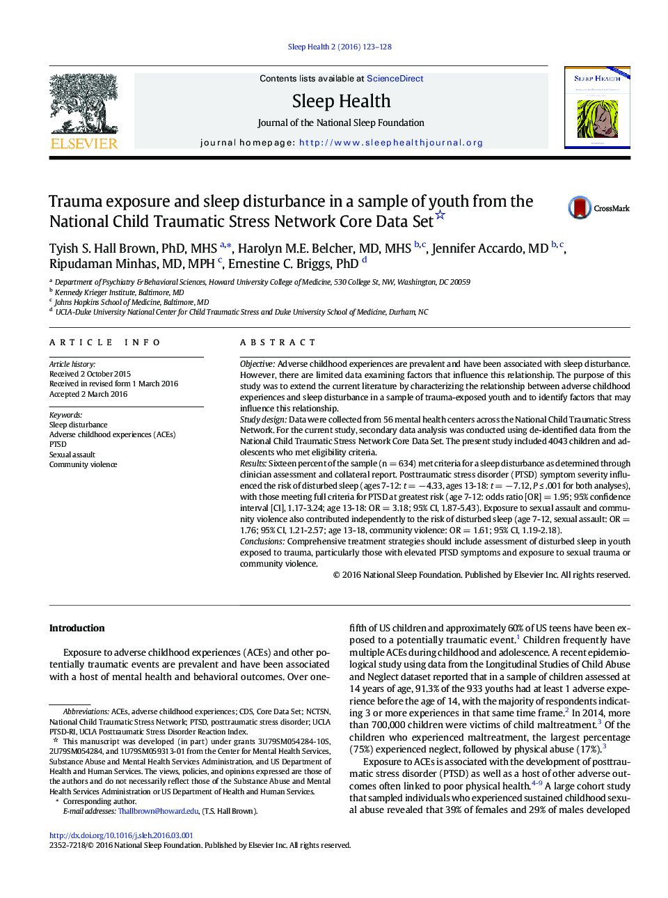 Trauma exposure and sleep disturbance in a sample of youth from the National Child Traumatic Stress Network Core Data Set 