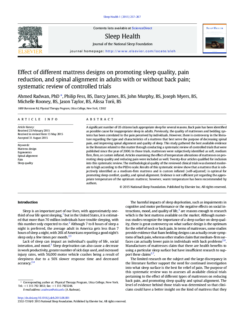 Effect of different mattress designs on promoting sleep quality, pain reduction, and spinal alignment in adults with or without back pain; systematic review of controlled trials
