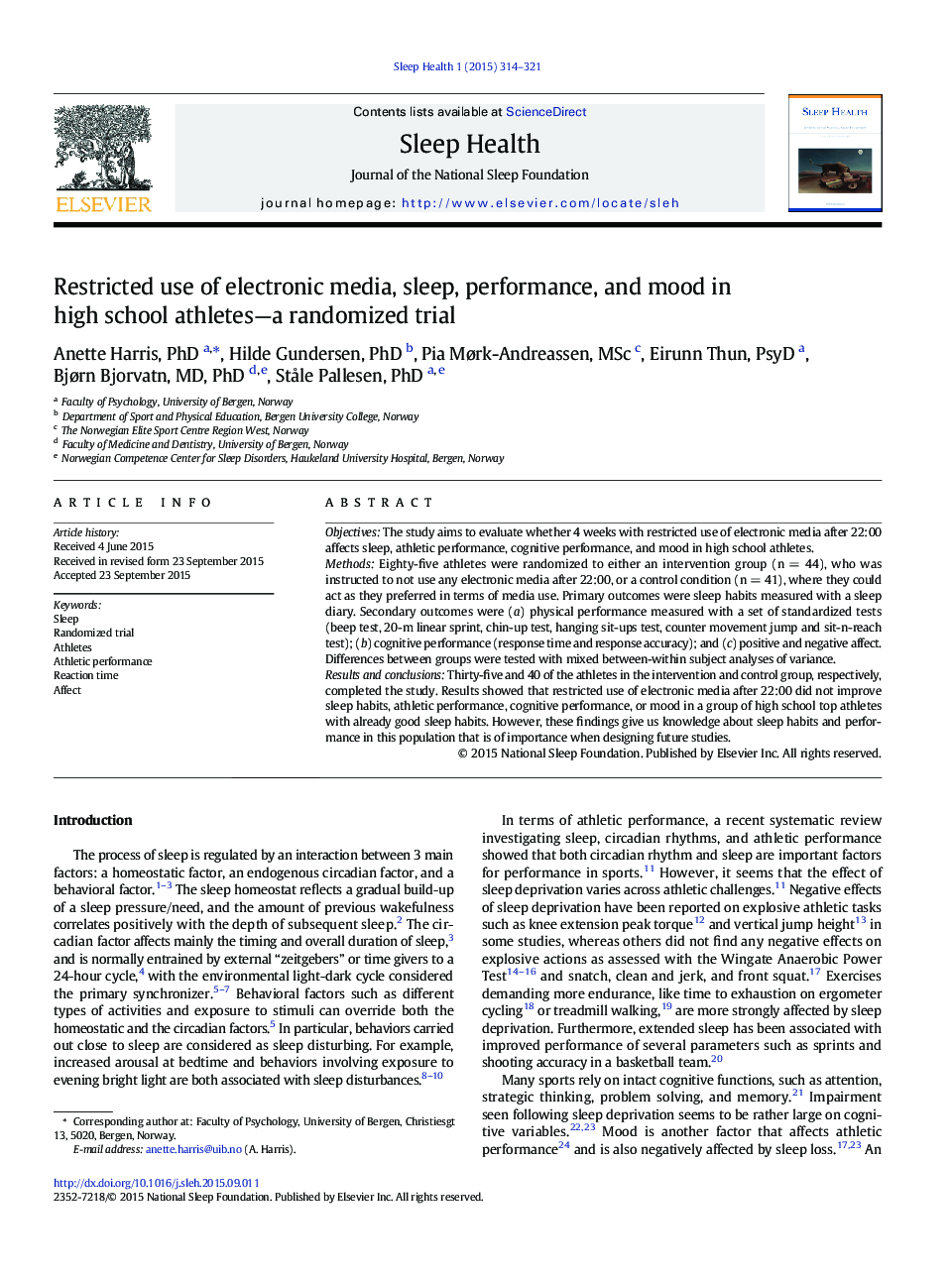 Restricted use of electronic media, sleep, performance, and mood in high school athletes—a randomized trial