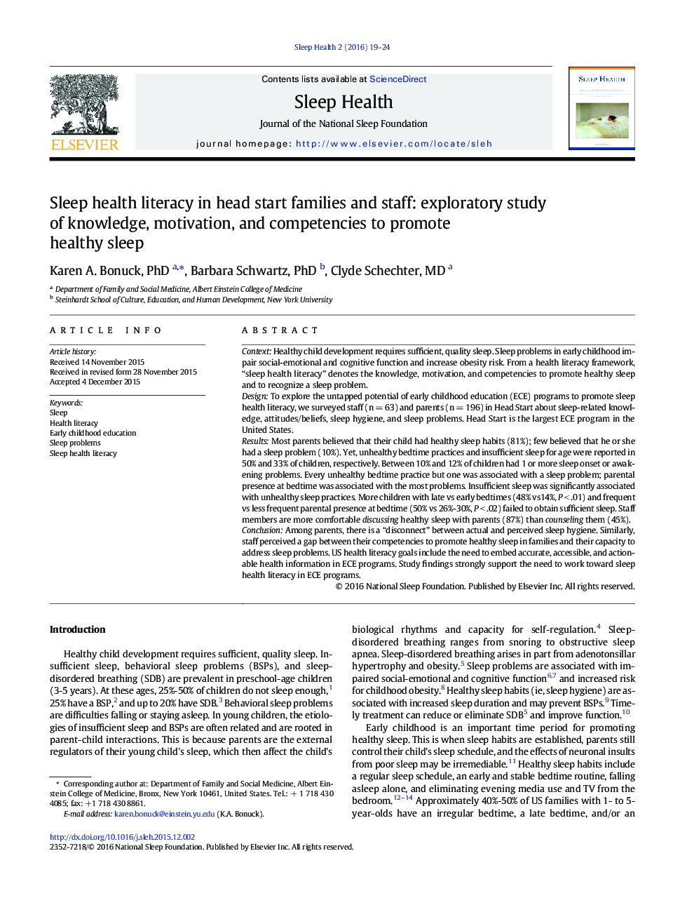 Sleep health literacy in head start families and staff: exploratory study of knowledge, motivation, and competencies to promote healthy sleep