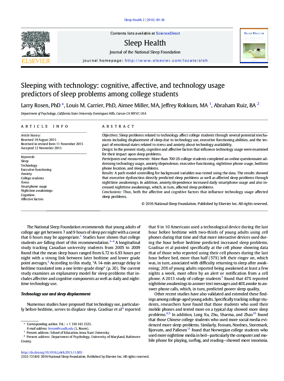 Sleeping with technology: cognitive, affective, and technology usage predictors of sleep problems among college students