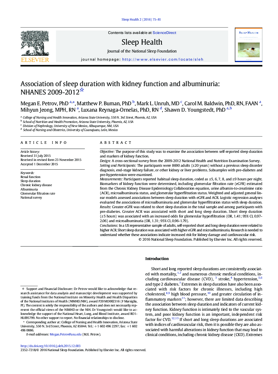 Association of sleep duration with kidney function and albuminuria: NHANES 2009-2012 