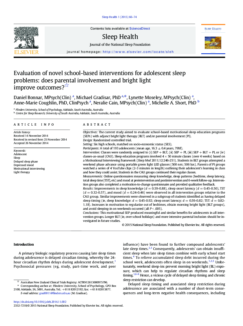 Evaluation of novel school-based interventions for adolescent sleep problems: does parental involvement and bright light improve outcomes? 