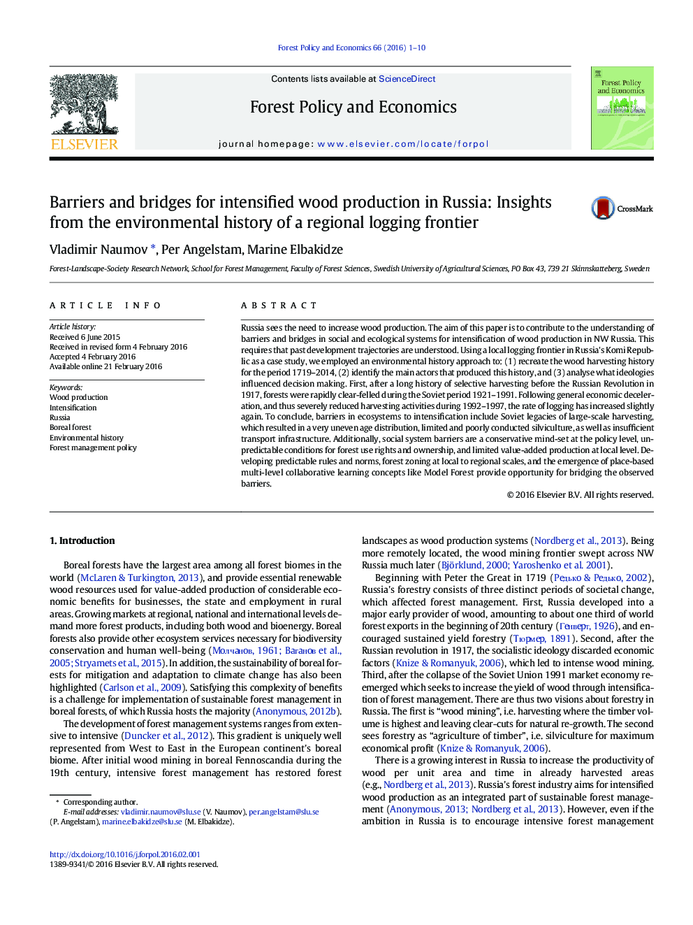 Barriers and bridges for intensified wood production in Russia: Insights from the environmental history of a regional logging frontier