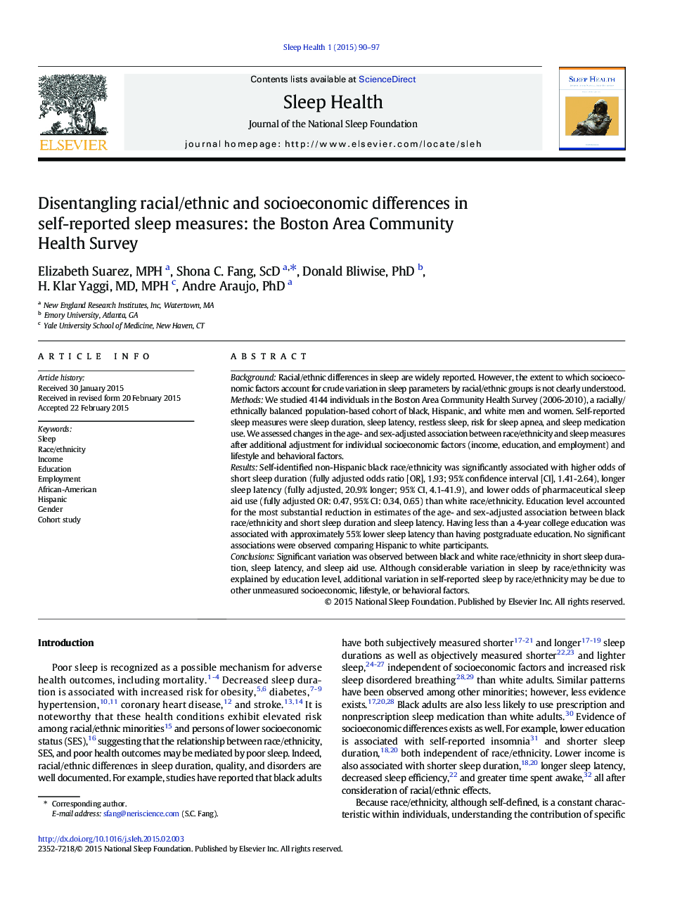 Disentangling racial/ethnic and socioeconomic differences in self-reported sleep measures: the Boston Area Community Health Survey