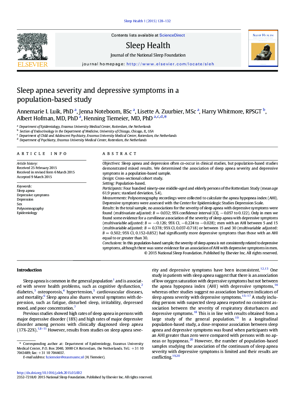 Sleep apnea severity and depressive symptoms in a population-based study