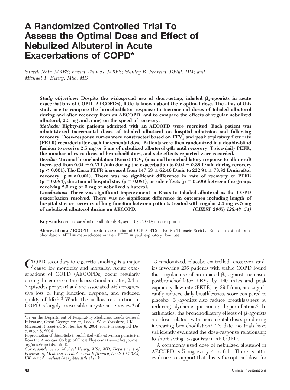 A Randomized Controlled Trial To Assess the Optimal Dose and Effect of Nebulized Albuterol in Acute Exacerbations of COPD