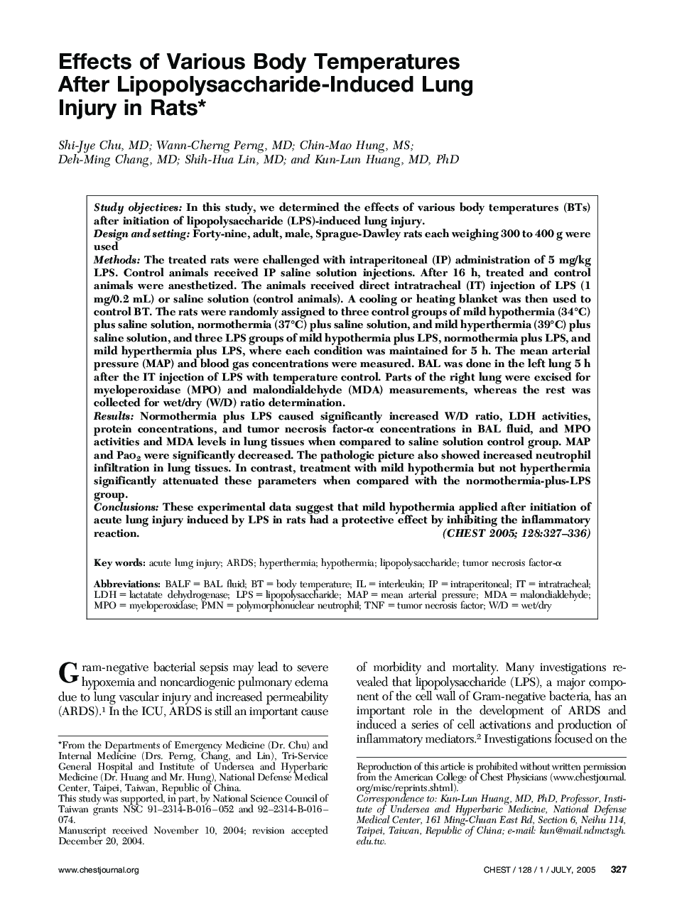 Effects of Various Body Temperatures After Lipopolysaccharide-Induced Lung Injury in Rats