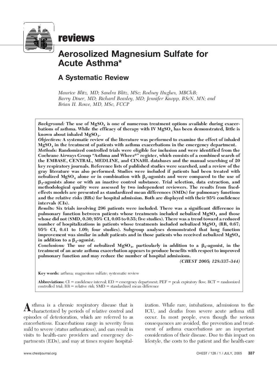 Aerosolized Magnesium Sulfate for Acute Asthma