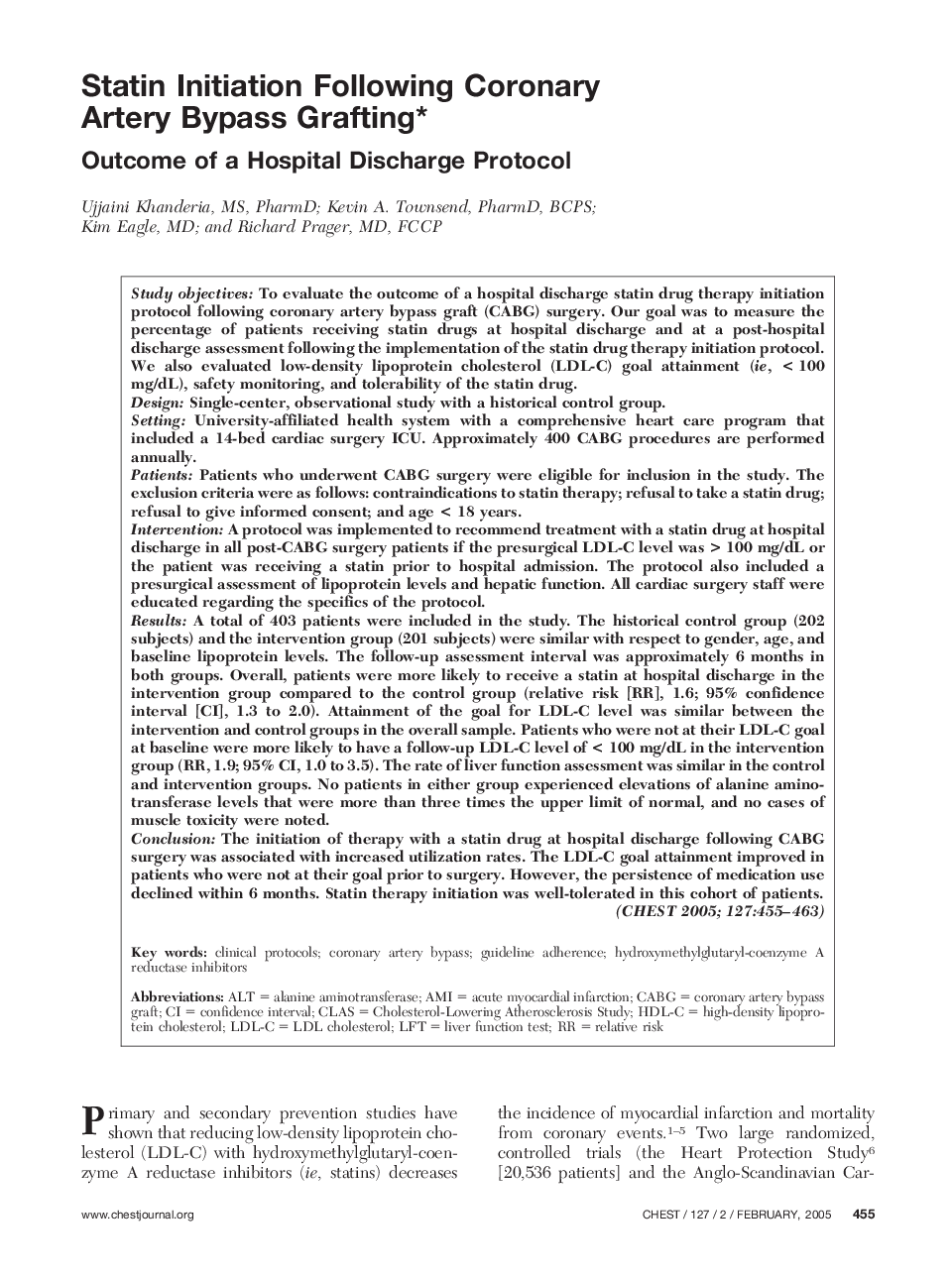 Statin Initiation Following Coronary Artery Bypass Grafting