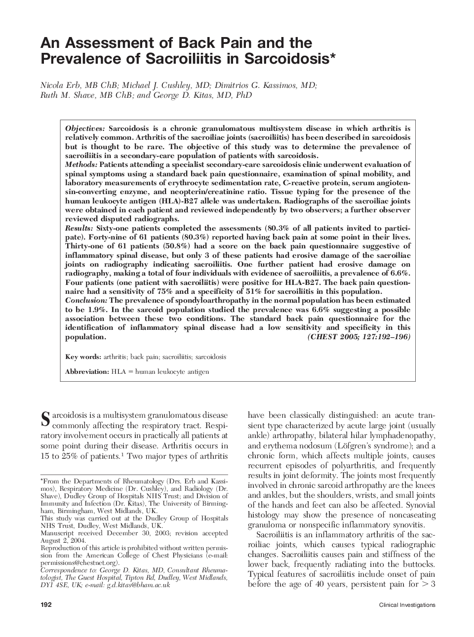 An Assessment of Back Pain and the Prevalence of Sacroiliitis in Sarcoidosis