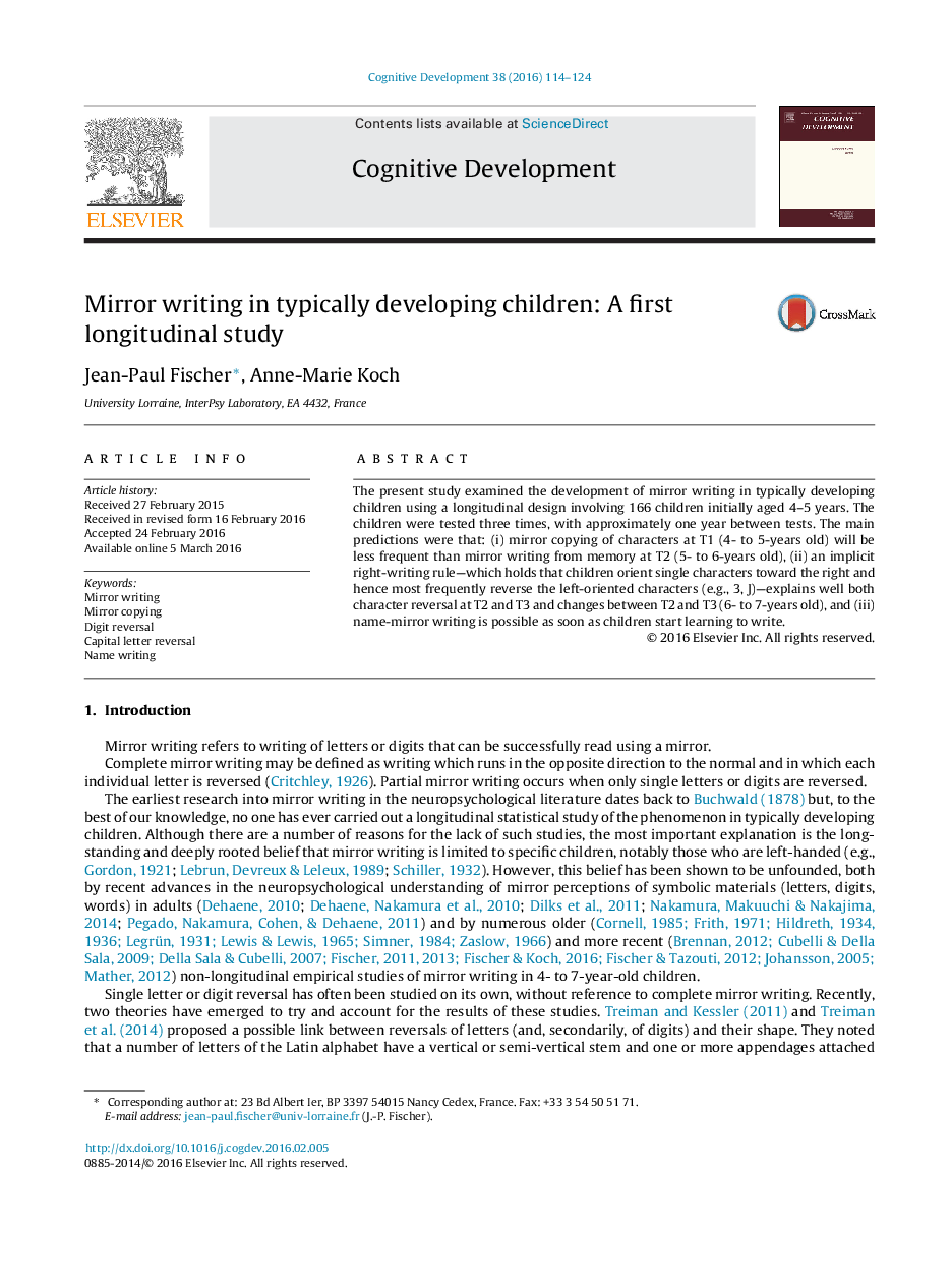 Mirror writing in typically developing children: A first longitudinal study