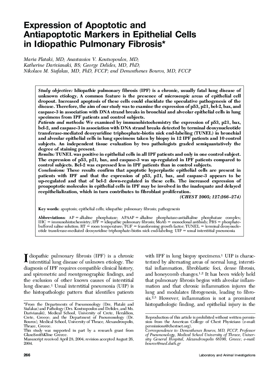 Expression of Apoptotic and Antiapoptotic Markers in Epithelial Cells in Idiopathic Pulmonary Fibrosis