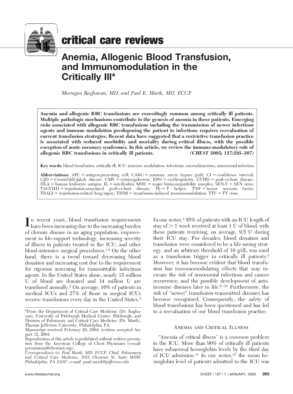 Anemia, Allogenic Blood Transfusion, and Immunomodulation in the Critically Ill