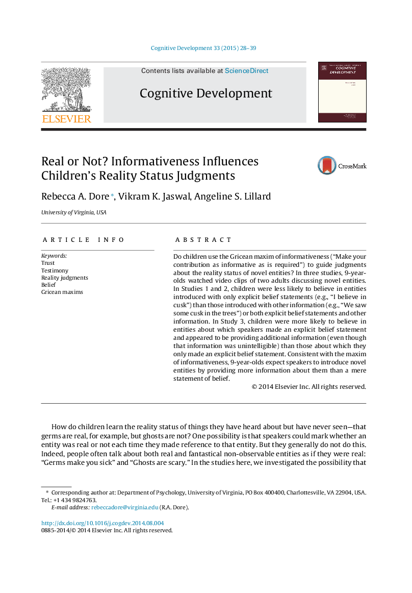 Real or Not? Informativeness Influences Children's Reality Status Judgments