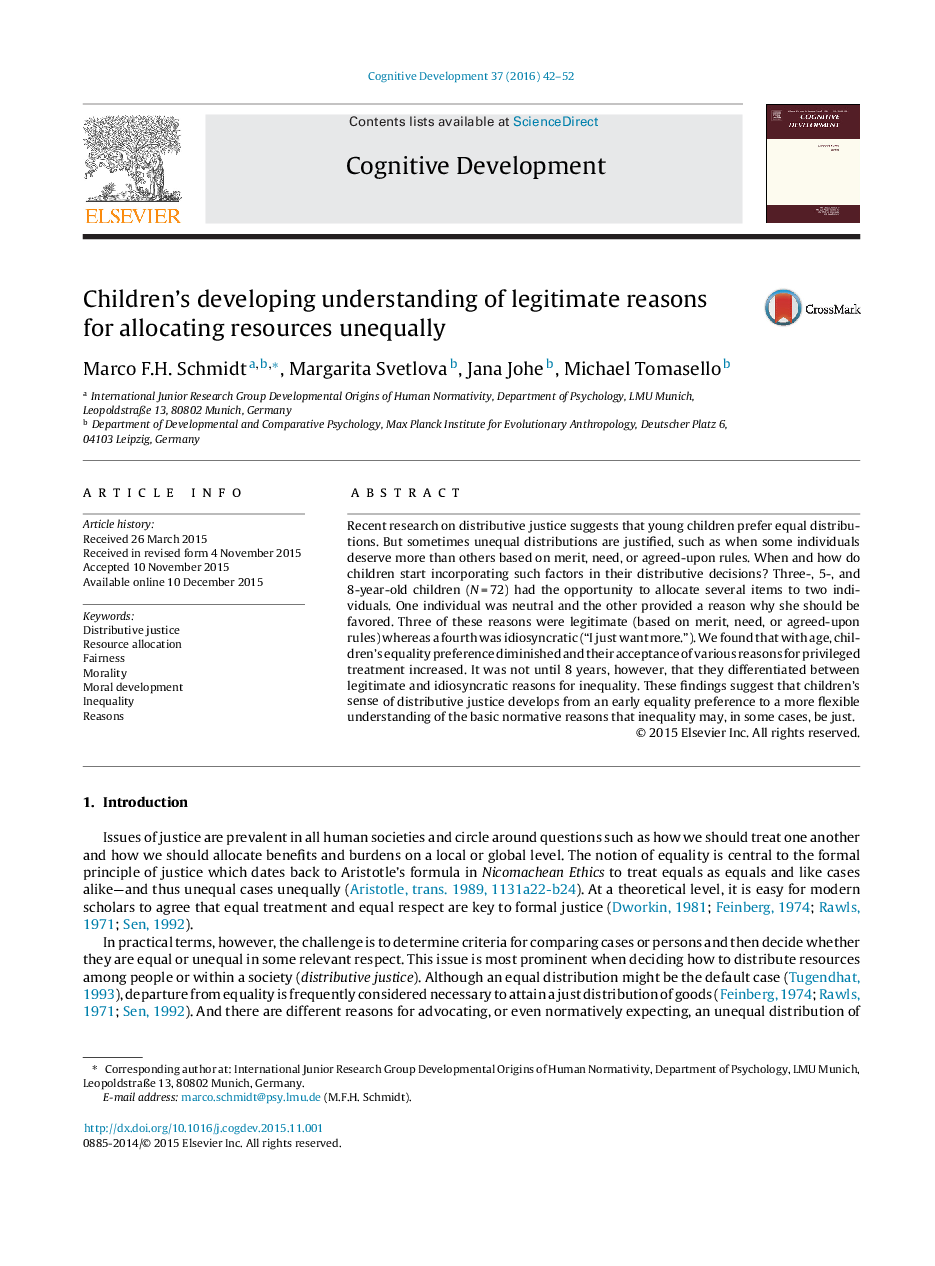 Children's developing understanding of legitimate reasons for allocating resources unequally