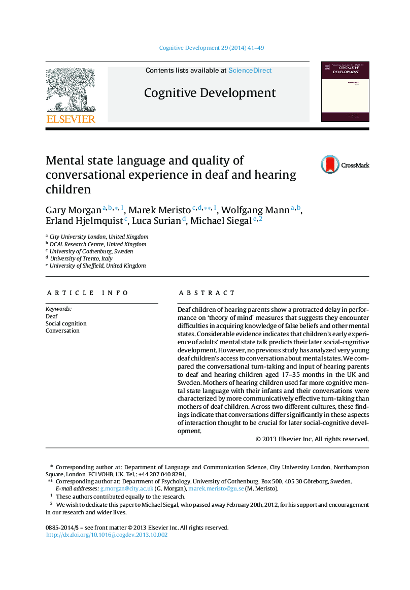 Mental state language and quality of conversational experience in deaf and hearing children