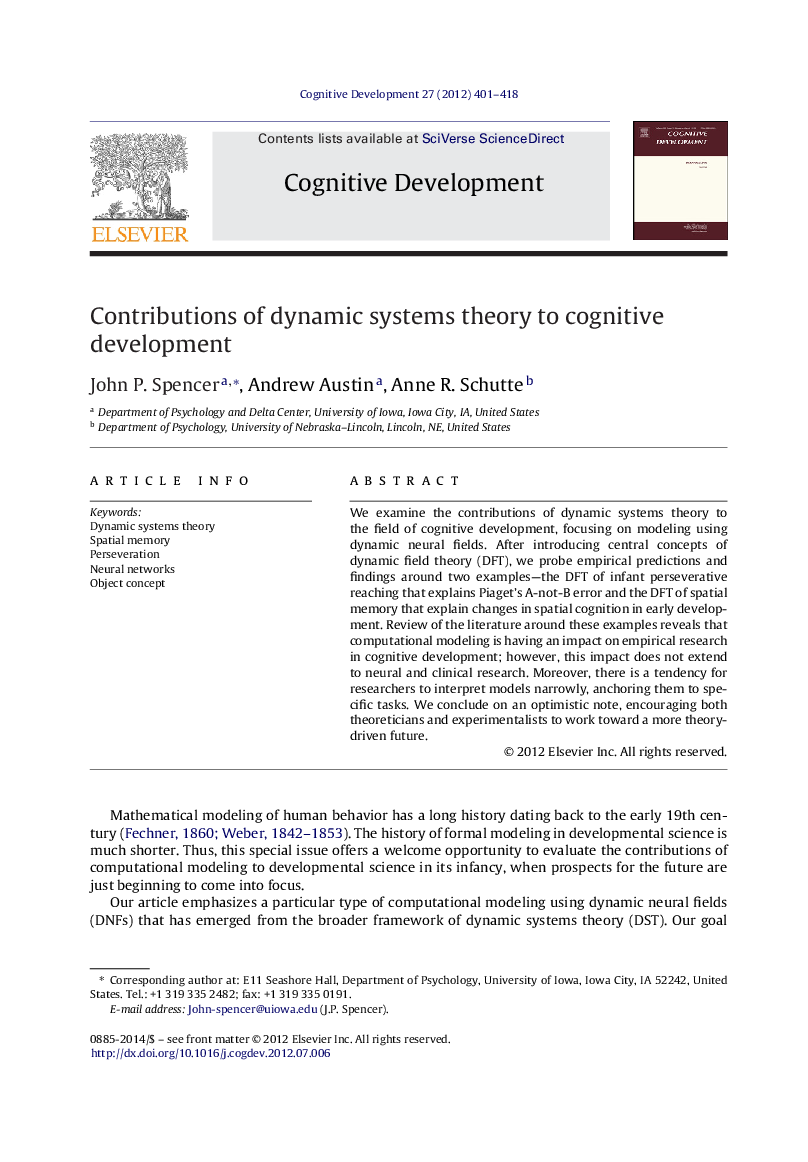 Contributions of dynamic systems theory to cognitive development