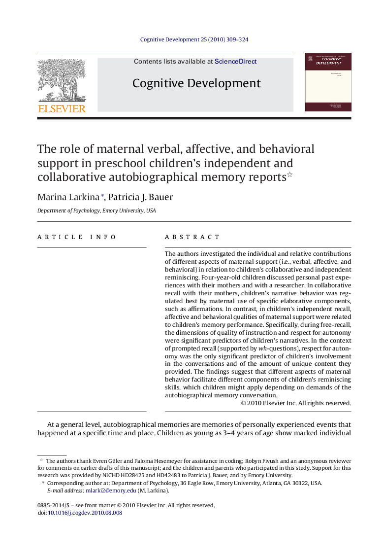 The role of maternal verbal, affective, and behavioral support in preschool children's independent and collaborative autobiographical memory reports 