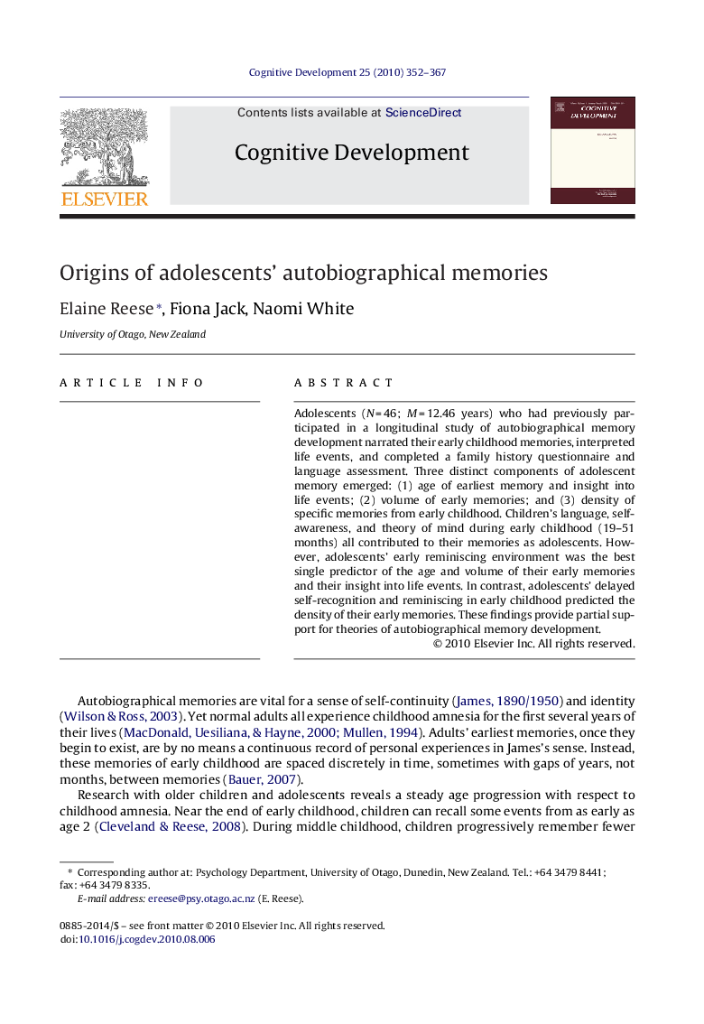 عکس صفحه اول مقاله: Origins of adolescents’ autobiographical memories Origins of adolescents’ autobiographical memories