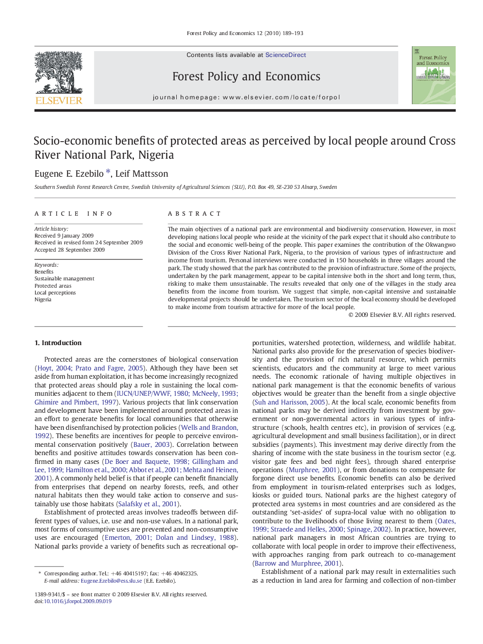 Socio-economic benefits of protected areas as perceived by local people around Cross River National Park, Nigeria