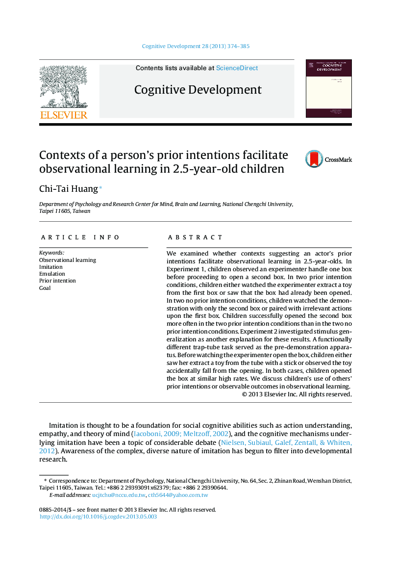 Contexts of a person's prior intentions facilitate observational learning in 2.5-year-old children