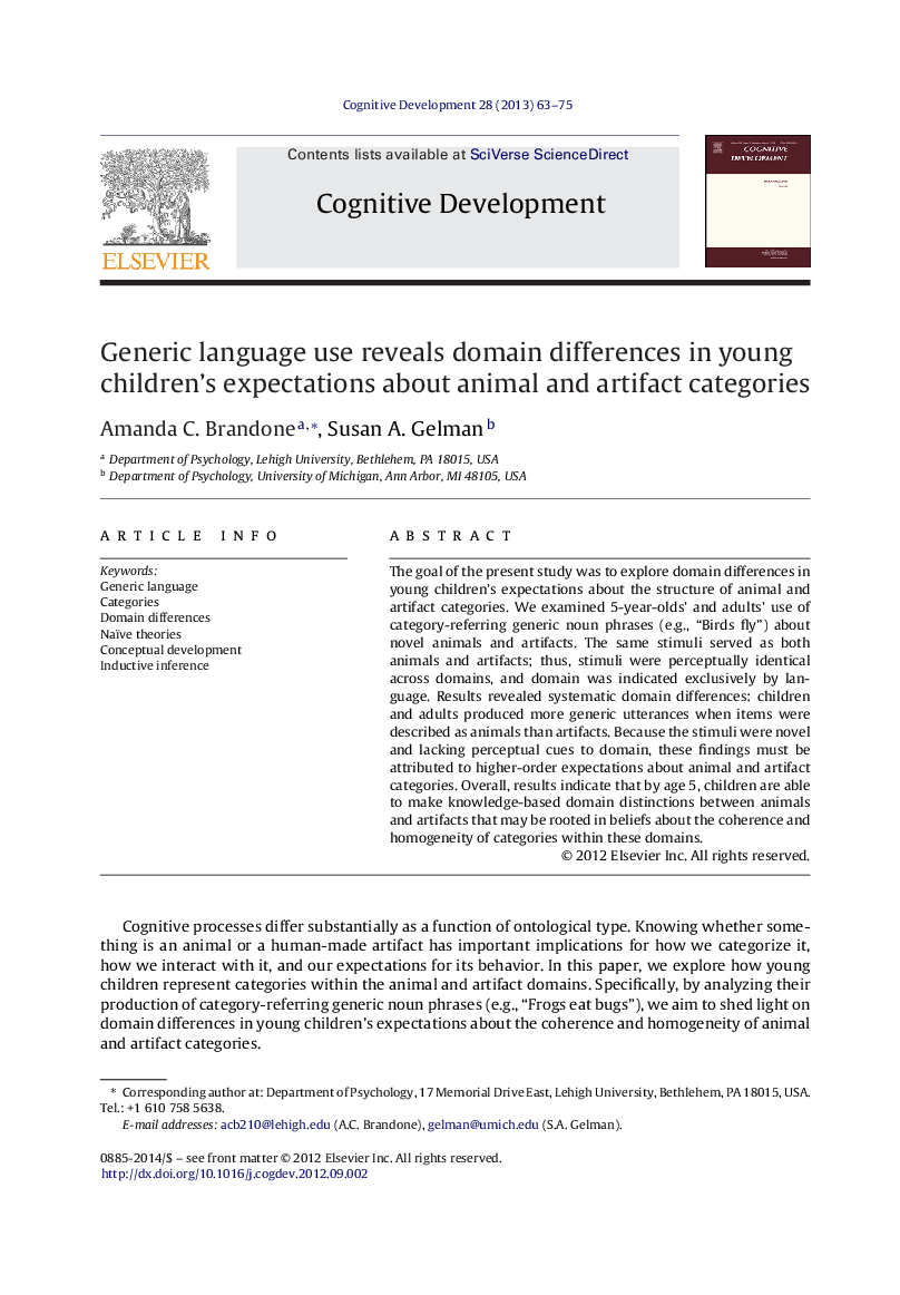 Generic language use reveals domain differences in young children's expectations about animal and artifact categories