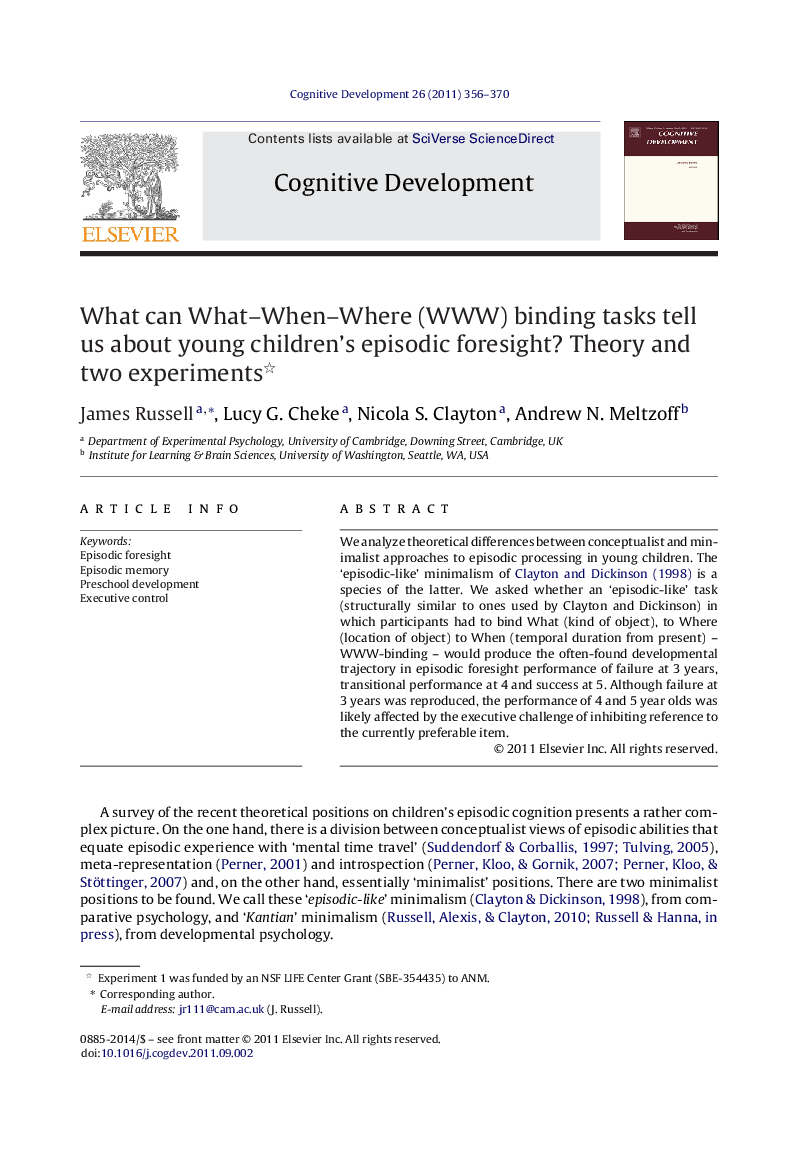 What can What–When–Where (WWW) binding tasks tell us about young children's episodic foresight? Theory and two experiments 