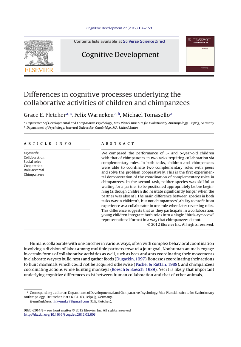 Differences in cognitive processes underlying the collaborative activities of children and chimpanzees