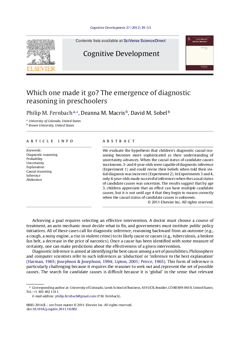 Which one made it go? The emergence of diagnostic reasoning in preschoolers