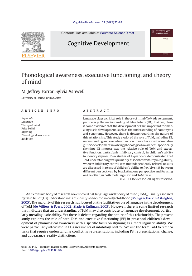 Phonological awareness, executive functioning, and theory of mind