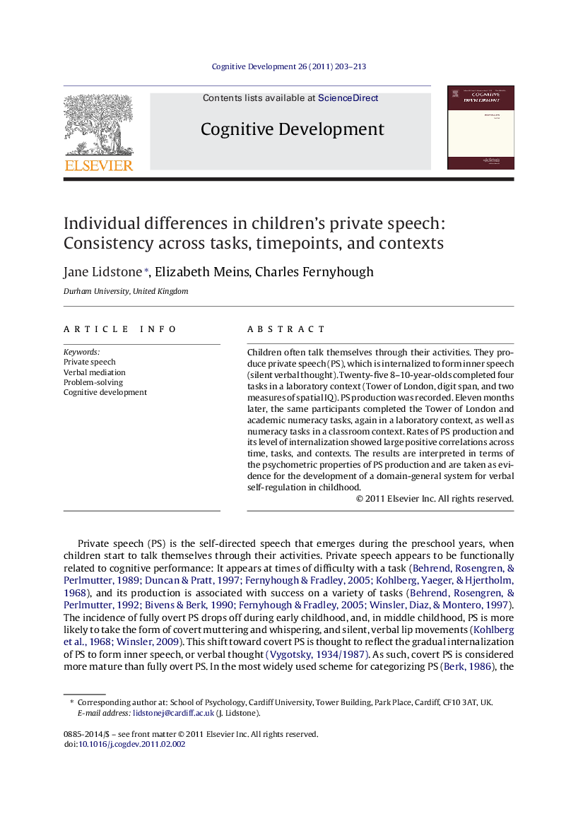 Individual differences in children's private speech: Consistency across tasks, timepoints, and contexts