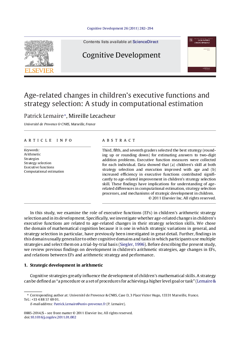 Age-related changes in children's executive functions and strategy selection: A study in computational estimation