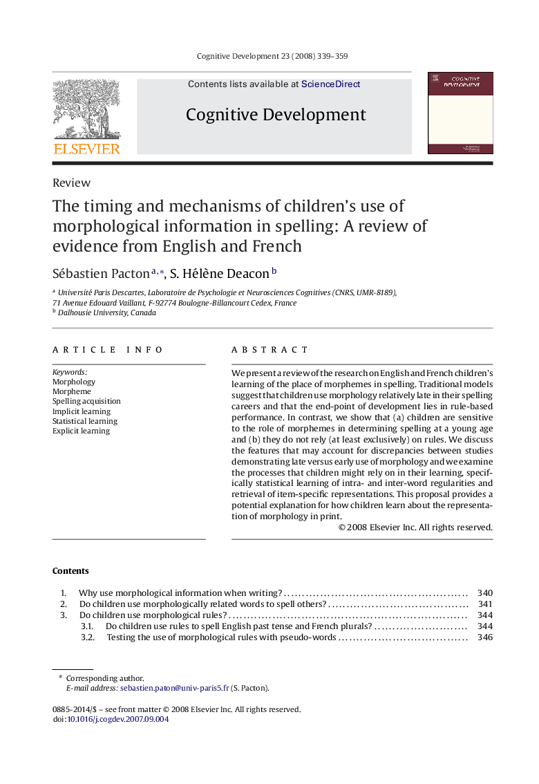 The timing and mechanisms of children's use of morphological information in spelling: A review of evidence from English and French