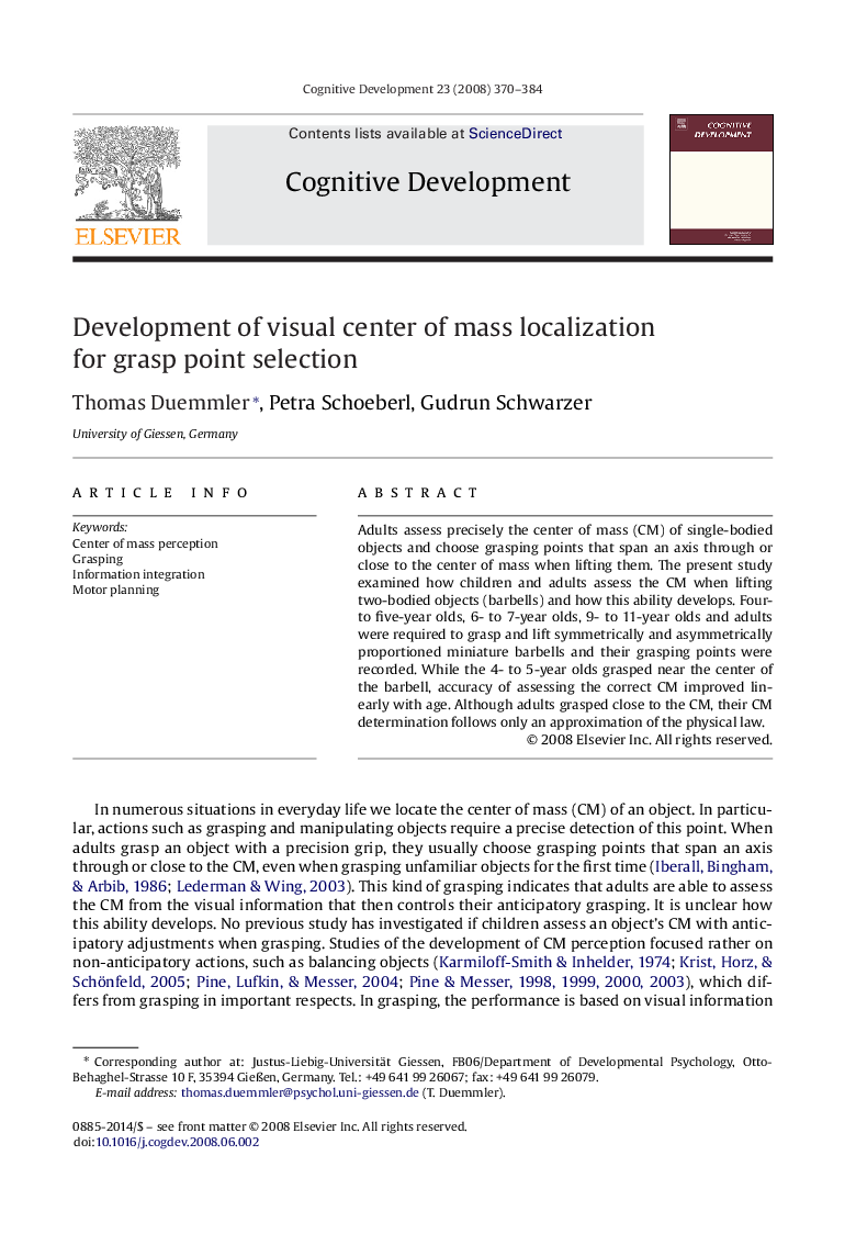 Development of visual center of mass localization for grasp point selection