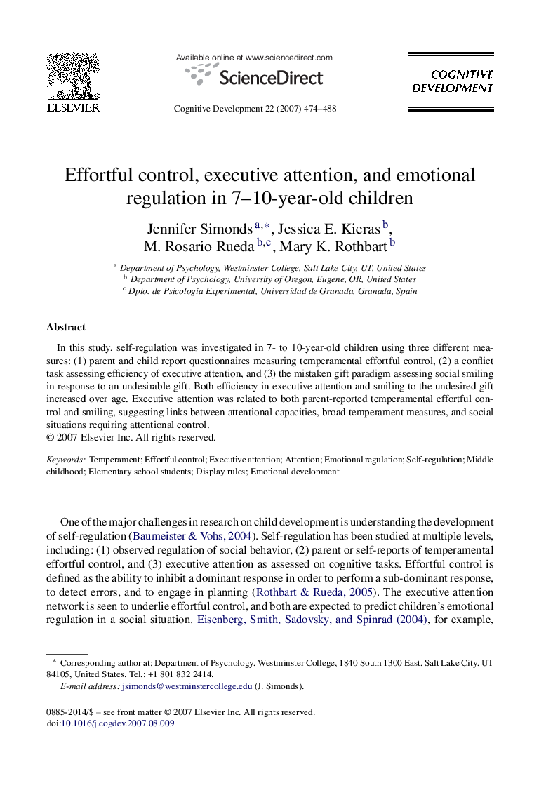 Effortful control, executive attention, and emotional regulation in 7–10-year-old children