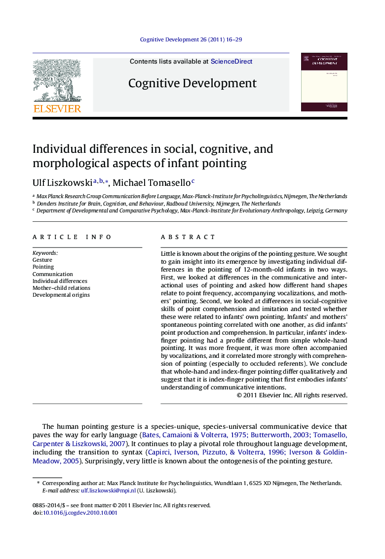 Individual differences in social, cognitive, and morphological aspects of infant pointing