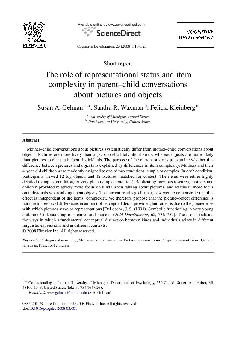 The role of representational status and item complexity in parent–child conversations about pictures and objects