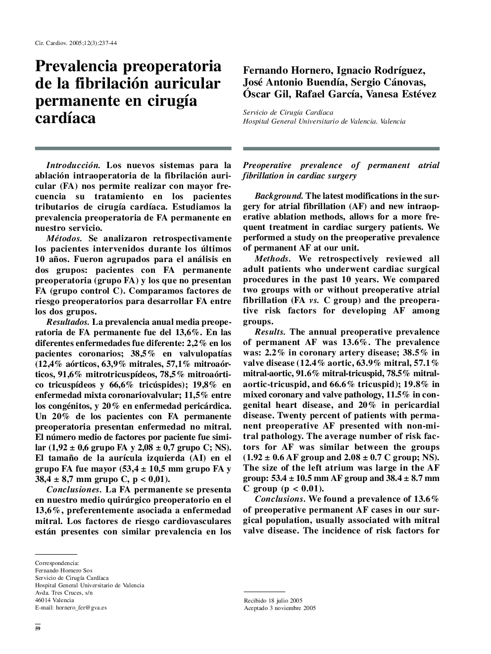 Prevalencia preoperatoria de la fibrilación auricular permanente en cirugÃ­a cardÃ­aca