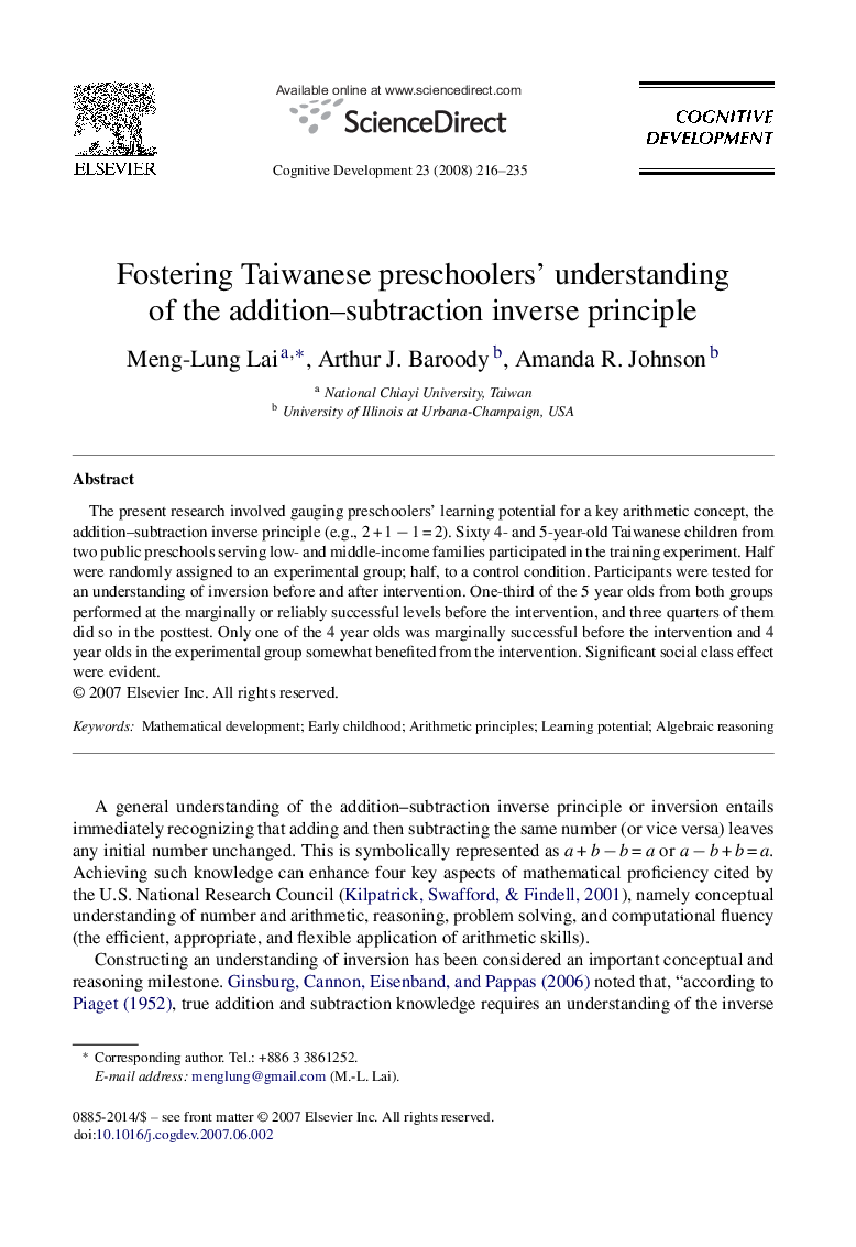 Fostering Taiwanese preschoolers’ understanding of the addition–subtraction inverse principle